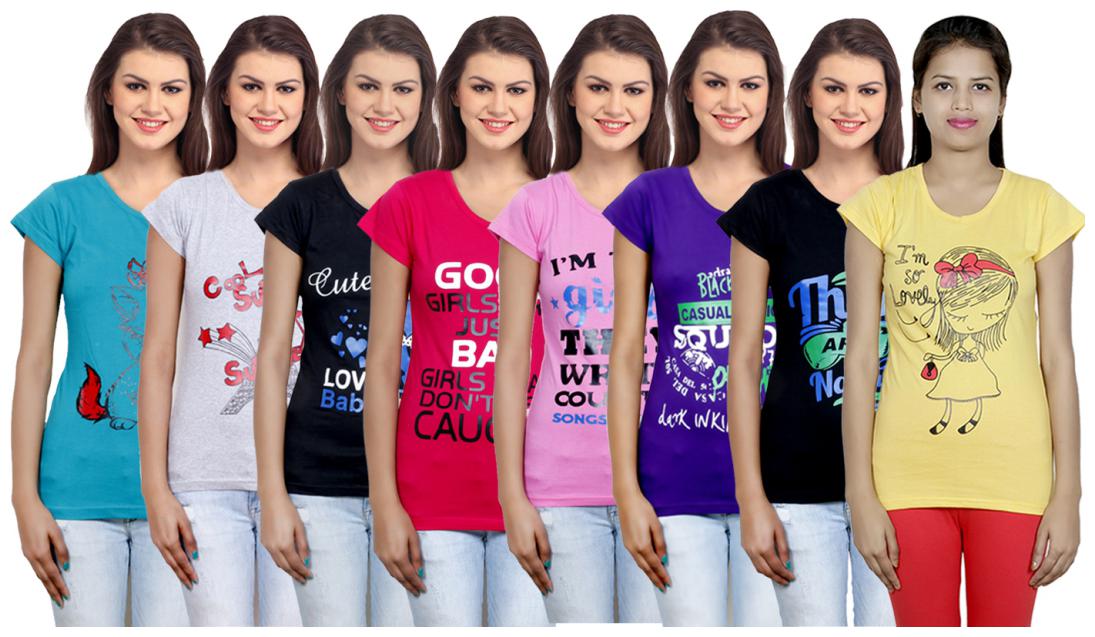 

IndiWeaves Women s Cotton Printed T-Shirts COMBO OFFER ( Pack of 8 T-Shirts)