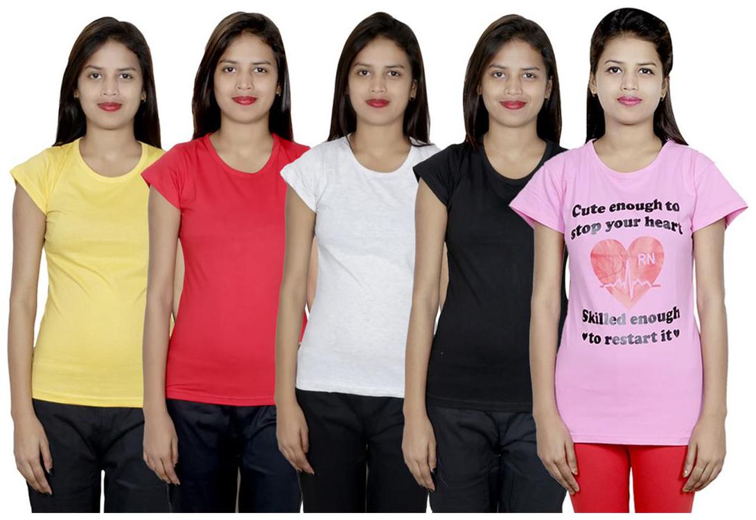 

IndiWeaves Women s Cotton Printed and Plain T-Shirt Combo(Pack of 5 T-Shirts)