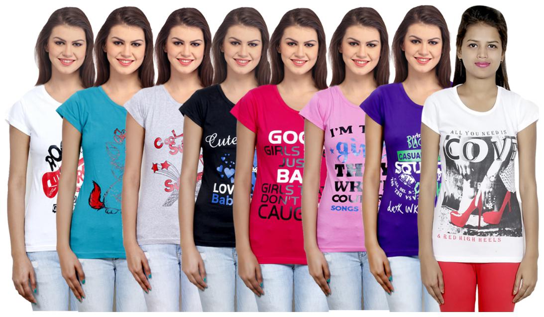 

IndiWeaves Women s Cotton Printed T-Shirts COMBO OFFER ( Pack of 8 T-Shirts)