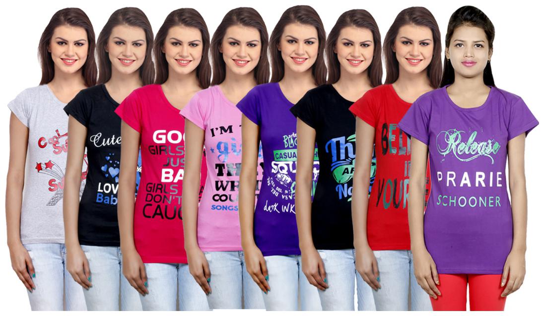 

IndiWeaves Women s Cotton Printed T-Shirts COMBO OFFER ( Pack of 8 T-Shirts)