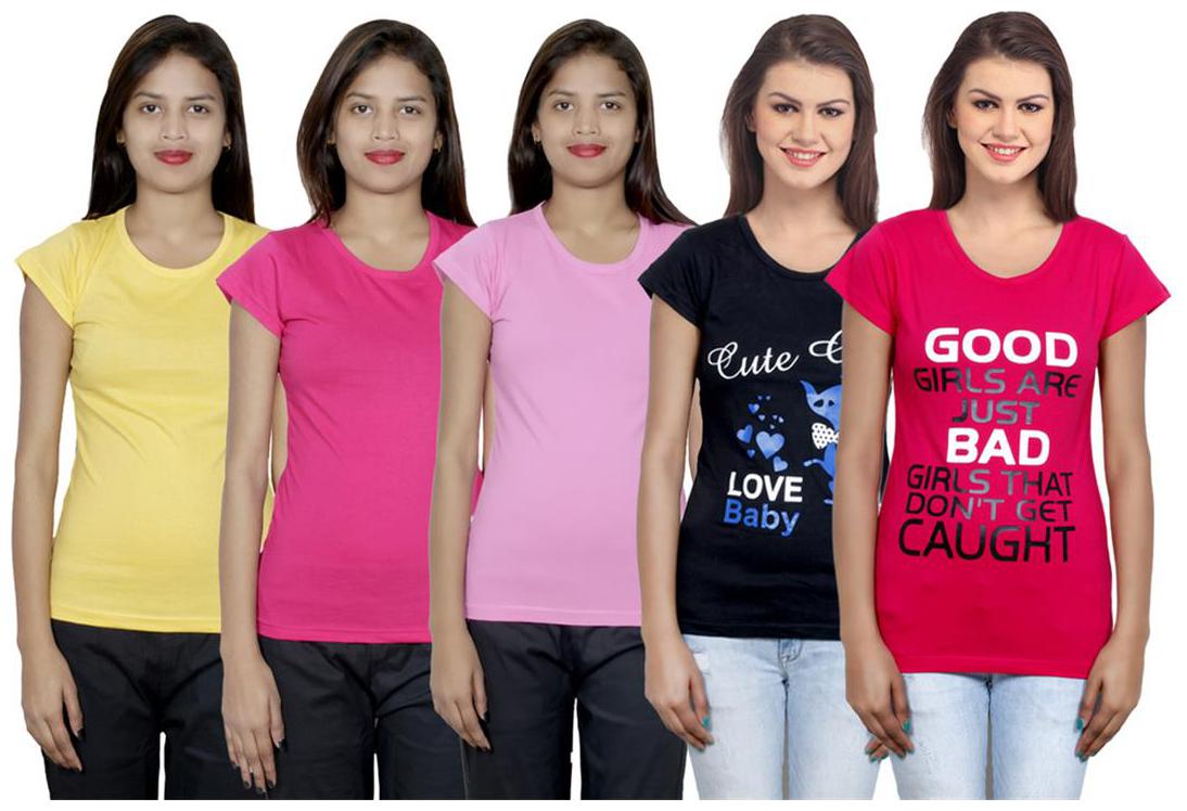 

IndiWeaves Women s Cotton Printed and Plain T-Shirt Combo(Pack of 5 T-Shirts)