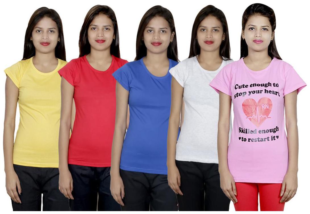 

IndiWeaves Women s Cotton Printed and Plain T-Shirt Combo(Pack of 5 T-Shirts)