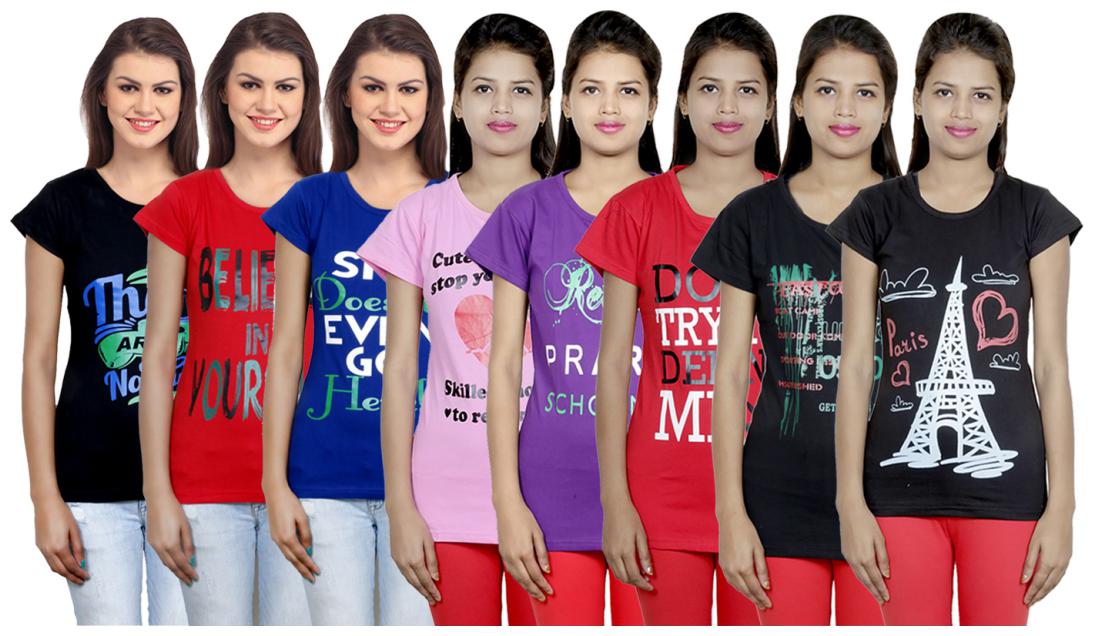 

IndiWeaves Women s Cotton Printed T-Shirts COMBO OFFER ( Pack of 8 T-Shirts)