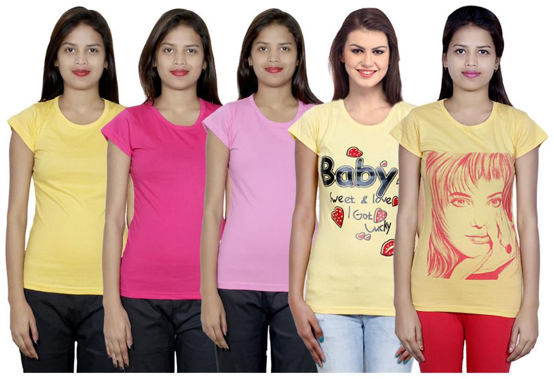 

IndiWeaves Women s Cotton Printed and Plain T-Shirt Combo(Pack of 5 T-Shirts)