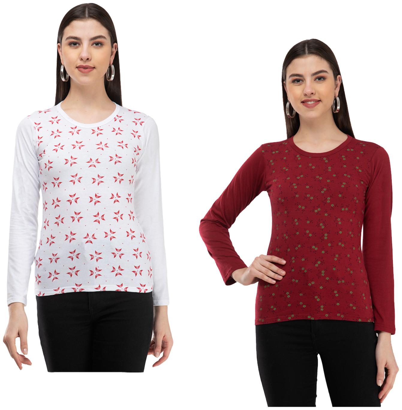

Indiweaves Women White Maroon Regular fit Round neck Cotton T shirt