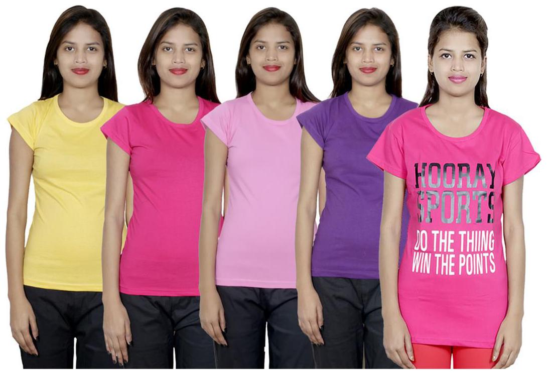 

IndiWeaves Women s Cotton Printed and Plain T-Shirt Combo(Pack of 5 T-Shirts)