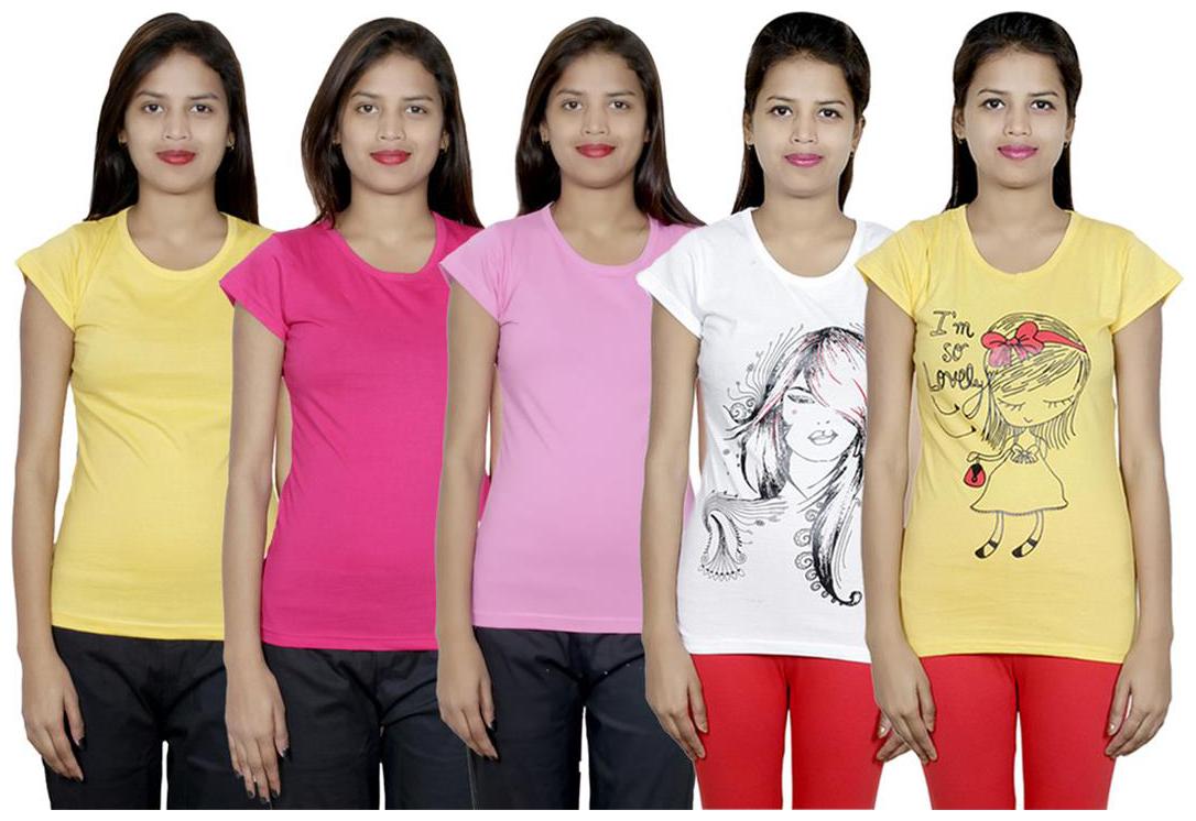 

IndiWeaves Women s Cotton Printed and Plain T-Shirt Combo(Pack of 5 T-Shirts)