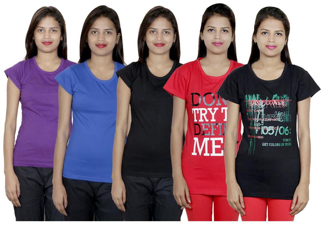 

IndiWeaves Women s Cotton Printed and Plain T-Shirt Combo(Pack of 5 T-Shirts)
