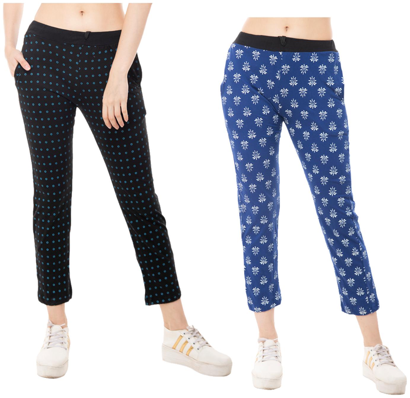 

Indiweaves Women Regular fit Cotton Printed Track pants - Black Blue