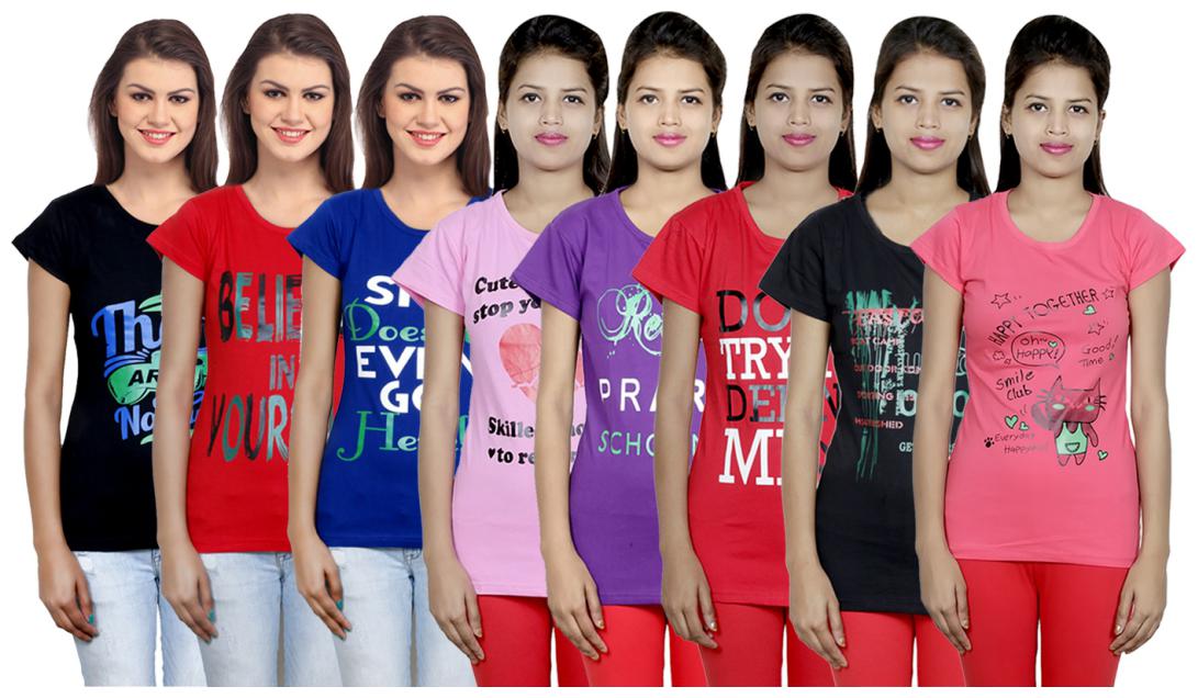 

IndiWeaves Women s Cotton Printed T-Shirts COMBO OFFER ( Pack of 8 T-Shirts)