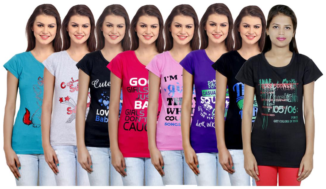 

IndiWeaves Women s Cotton Printed T-Shirts COMBO OFFER ( Pack of 8 T-Shirts)