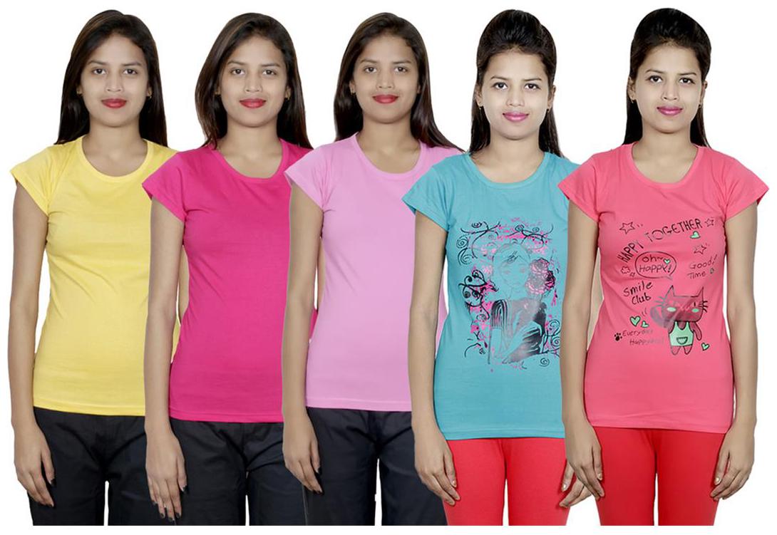 

IndiWeaves Women s Cotton Printed and Plain T-Shirt Combo(Pack of 5 T-Shirts)