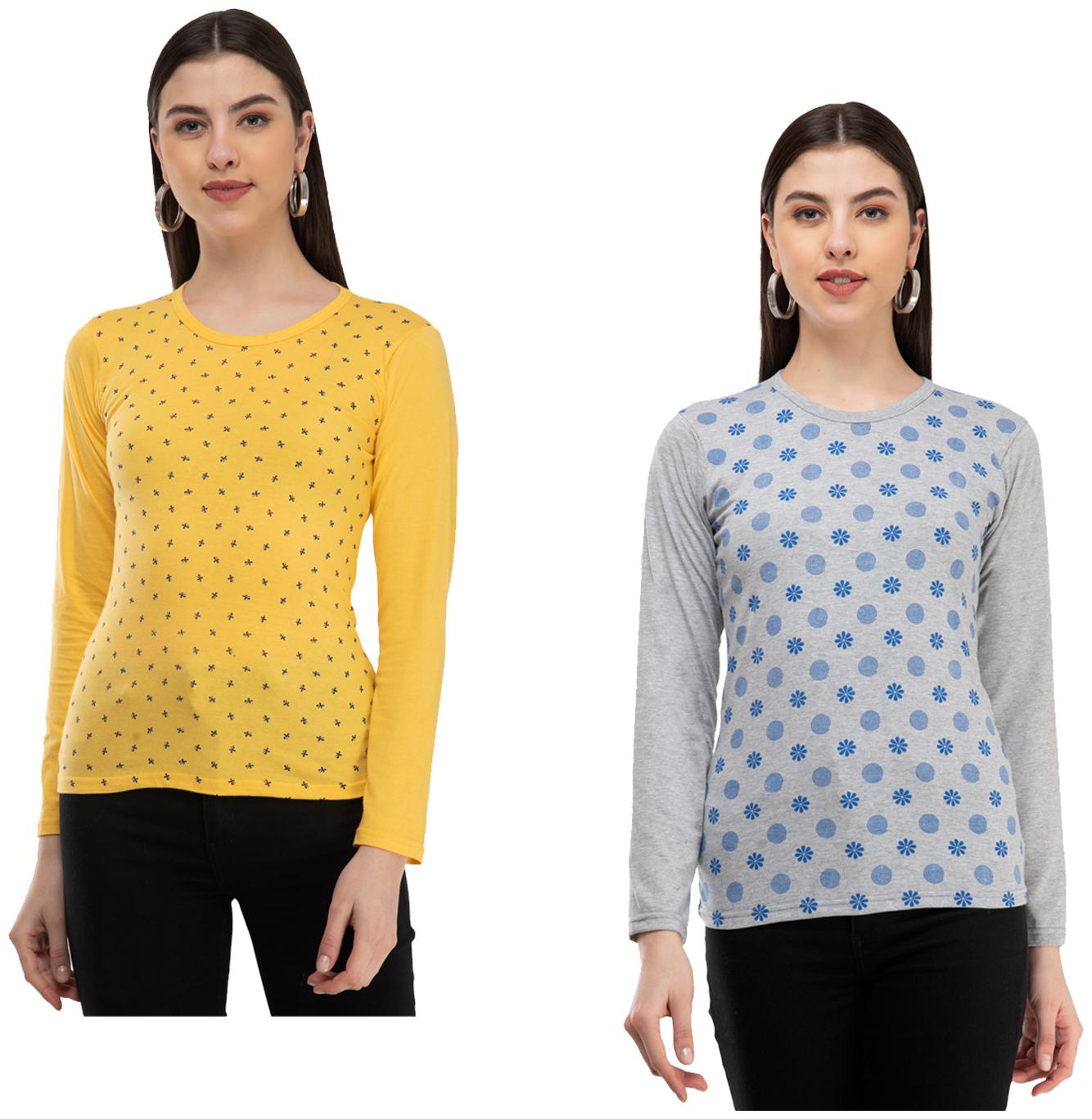 

Indiweaves Women Yellow Grey Regular fit Round neck Cotton T shirt