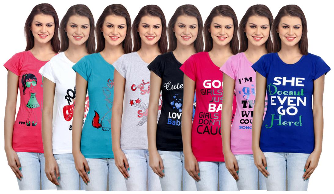 

IndiWeaves Women s Cotton Printed T-Shirts COMBO OFFER ( Pack of 8 T-Shirts)