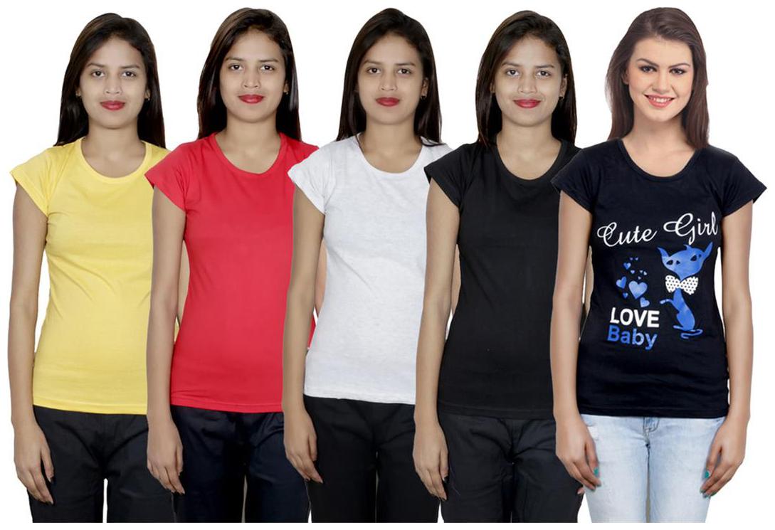

IndiWeaves Women s Cotton Printed and Plain T-Shirt Combo(Pack of 5 T-Shirts)