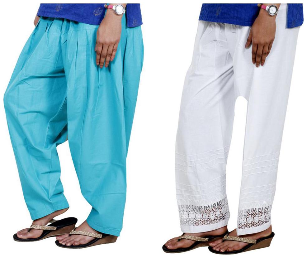 

IndiWeaves Women Cotton Semi-Patiala with Chaudi Lece Semi- Patiala Salwar Set of -2