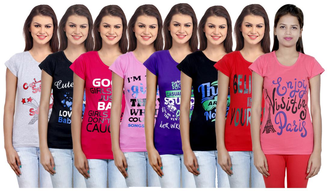 

IndiWeaves Women s Cotton Printed T-Shirts COMBO OFFER ( Pack of 8 T-Shirts)