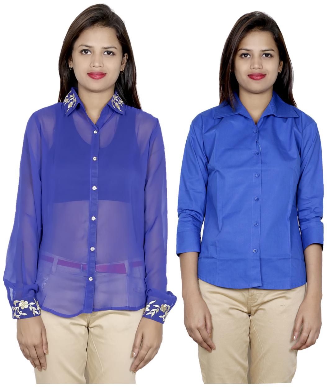 

Indiweaves Women Blue Embroidered Regular Fit Shirt