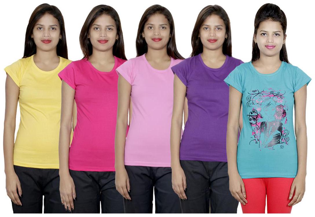 

IndiWeaves Women s Cotton Printed and Plain T-Shirt Combo(Pack of 5 T-Shirts)