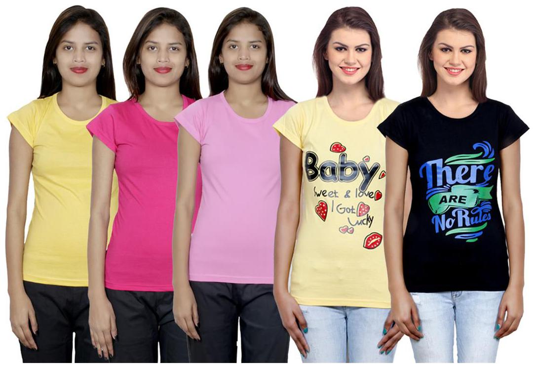 

IndiWeaves Women s Cotton Printed and Plain T-Shirt Combo(Pack of 5 T-Shirts)