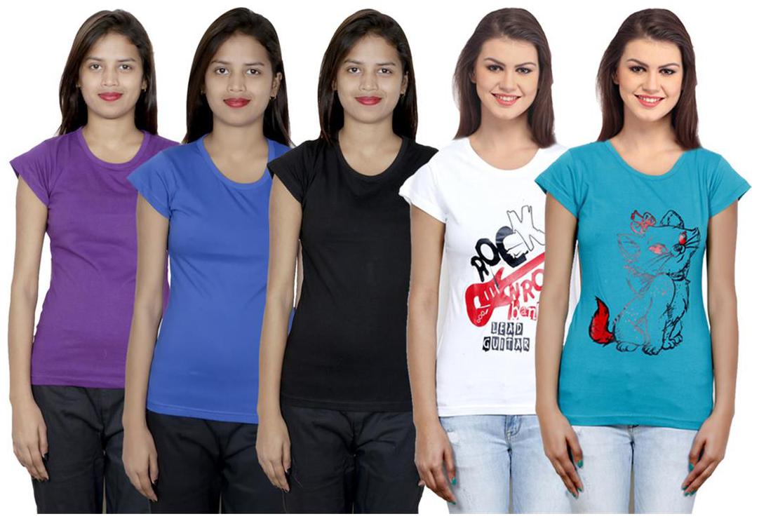 

IndiWeaves Women s Cotton Printed and Plain T-Shirt Combo(Pack of 5 T-Shirts)