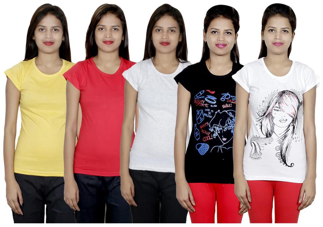 

IndiWeaves Women s Cotton Printed and Plain T-Shirt Combo(Pack of 5 T-Shirts)