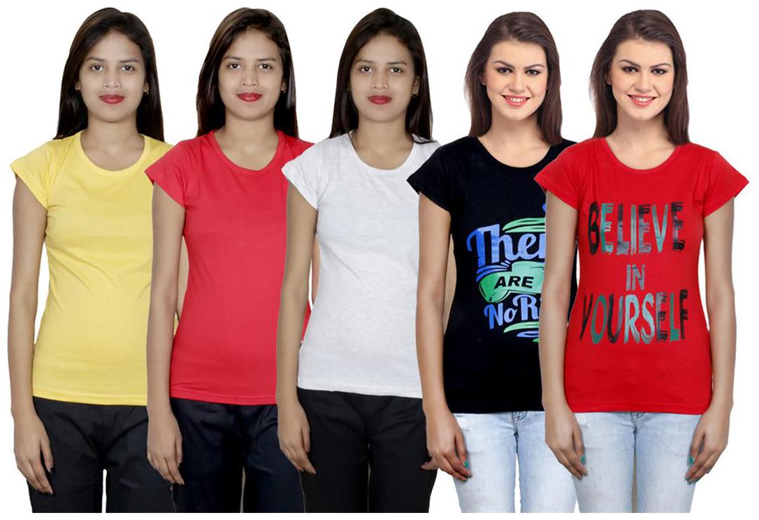 

IndiWeaves Women s Cotton Printed and Plain T-Shirt Combo(Pack of 5 T-Shirts)
