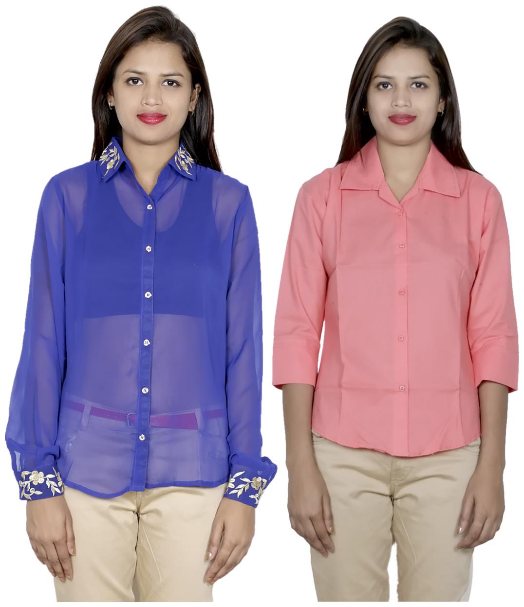 

Indiweaves Women Blue Embroidered Regular Fit Shirt