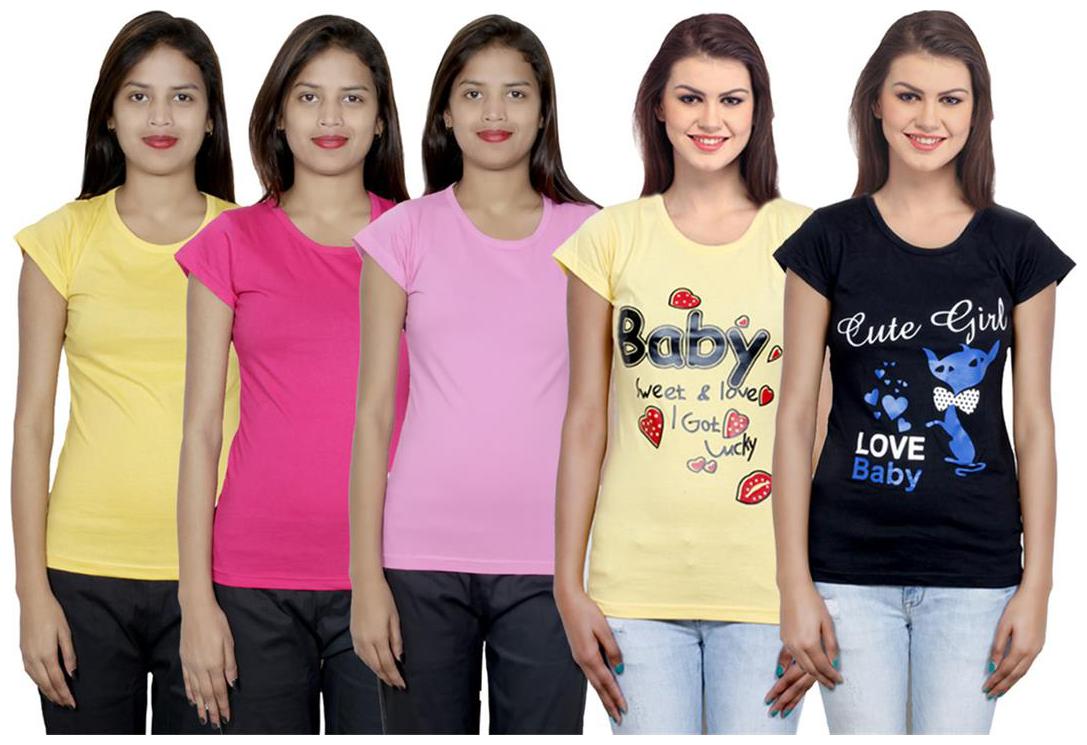 

IndiWeaves Women s Cotton Printed and Plain T-Shirt Combo(Pack of 5 T-Shirts)