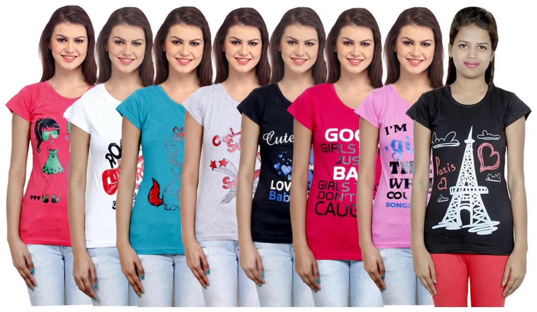 

IndiWeaves Women s Cotton Printed T-Shirts COMBO OFFER ( Pack of 8 T-Shirts)
