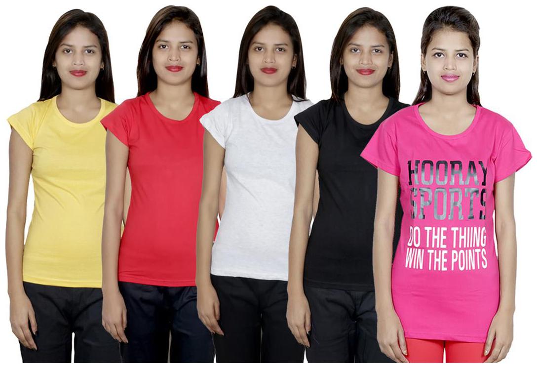 

IndiWeaves Women s Cotton Printed and Plain T-Shirt Combo(Pack of 5 T-Shirts)