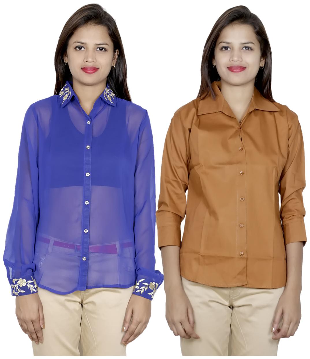 

Indiweaves Women Blue Embroidered Regular Fit Shirt