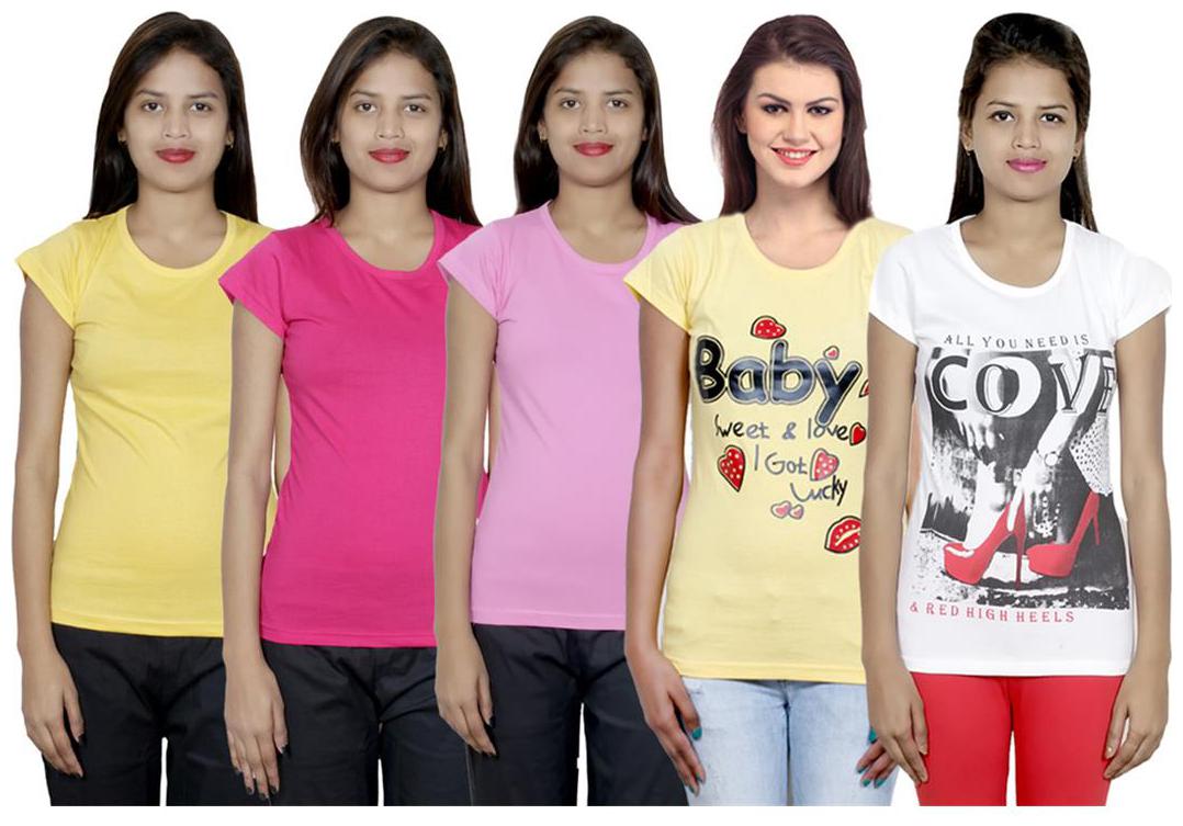 

IndiWeaves Women s Cotton Printed and Plain T-Shirt Combo(Pack of 5 T-Shirts)