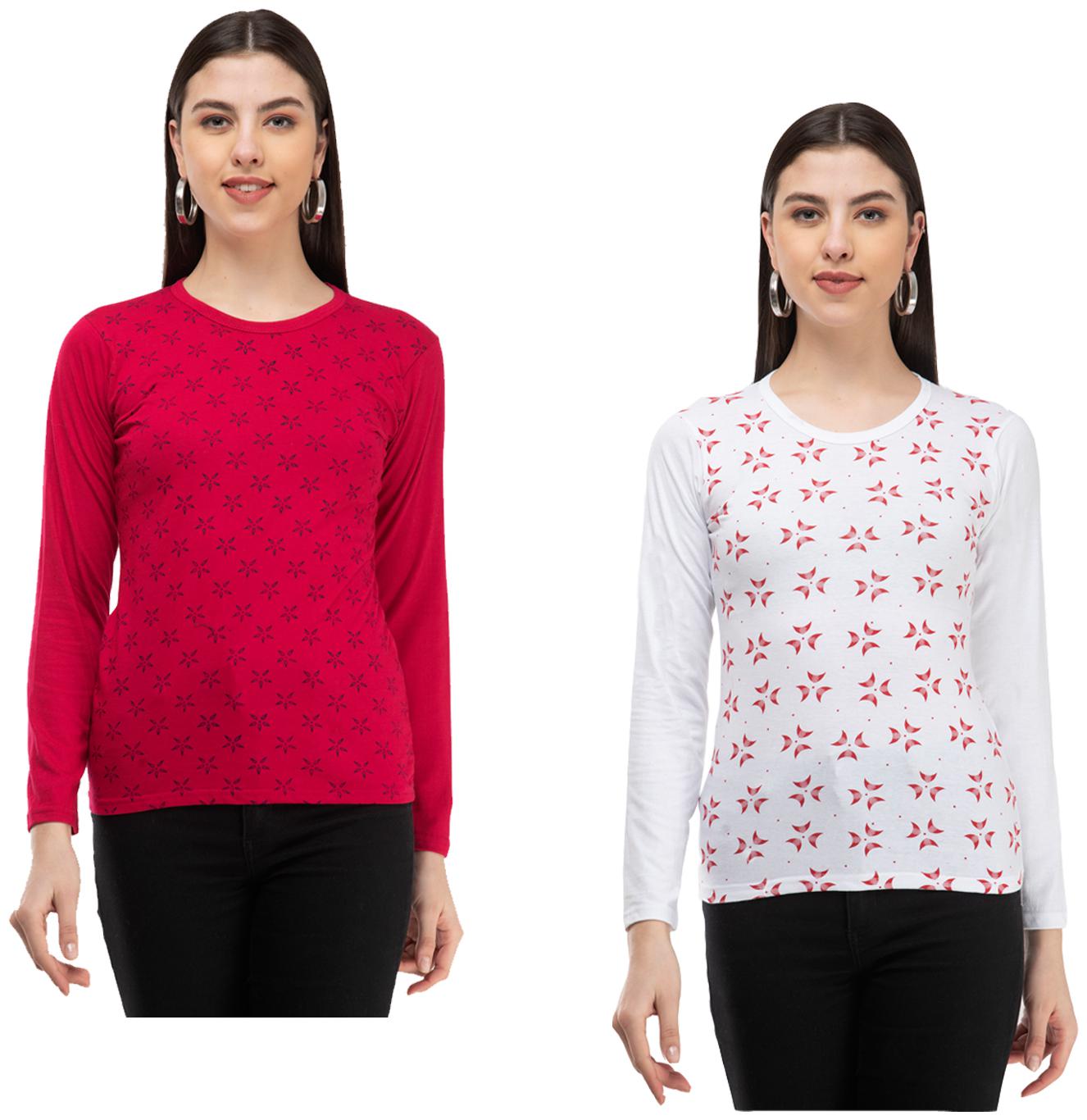 

Indiweaves Women Pink White Regular fit Round neck Cotton T shirt