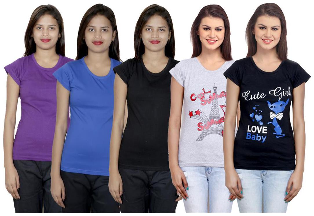 

IndiWeaves Women s Cotton Printed and Plain T-Shirt Combo(Pack of 5 T-Shirts)