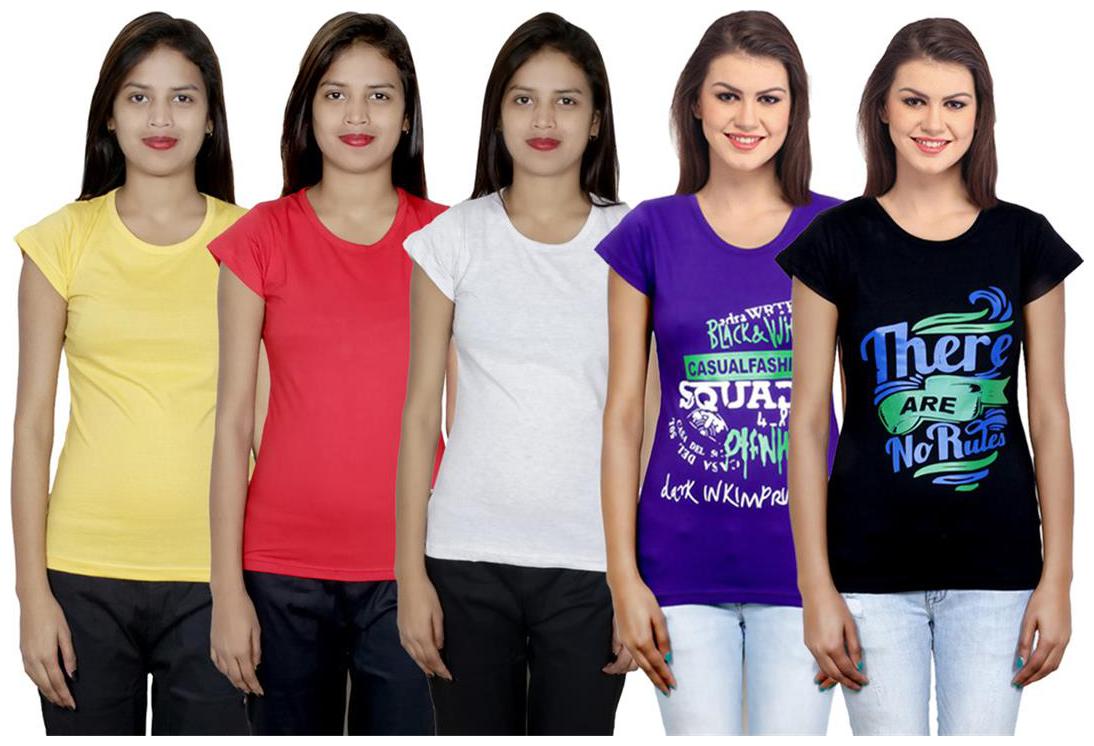 

IndiWeaves Women s Cotton Printed and Plain T-Shirt Combo(Pack of 5 T-Shirts)