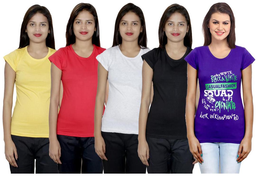 

IndiWeaves Women s Cotton Printed and Plain T-Shirt Combo(Pack of 5 T-Shirts)