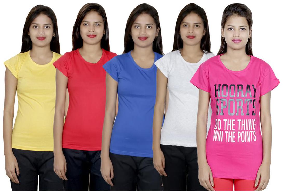 

IndiWeaves Women s Cotton Printed and Plain T-Shirt Combo(Pack of 5 T-Shirts)