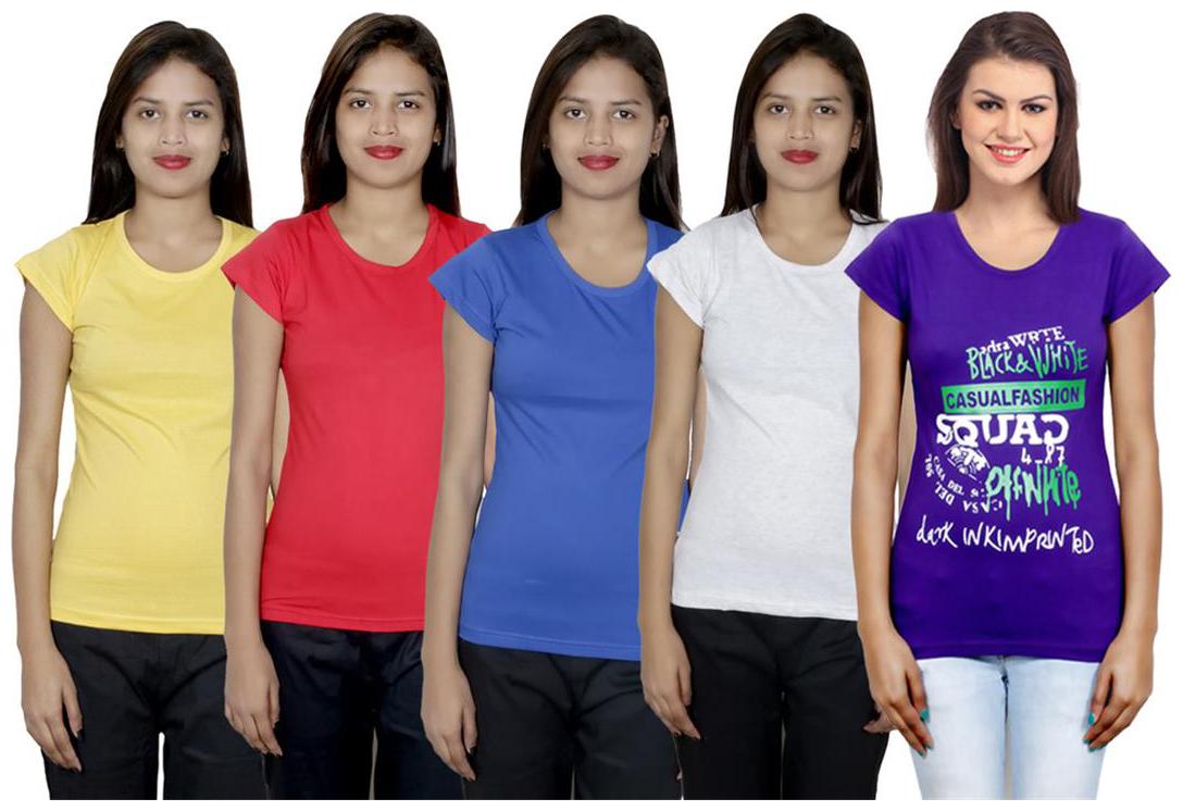 

IndiWeaves Women s Cotton Printed and Plain T-Shirt Combo(Pack of 5 T-Shirts)