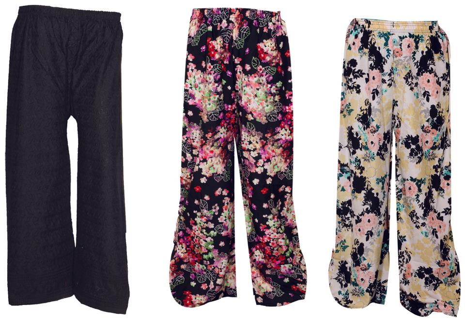 

IndiWeaves Womens 1 Full Chikan Work Pallazo and 2 Printed Palazzo Combo Pack (Pack of 3 Palazo)