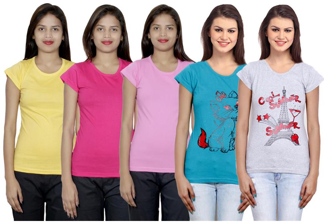 

IndiWeaves Women s Cotton Printed and Plain T-Shirt Combo(Pack of 5 T-Shirts)