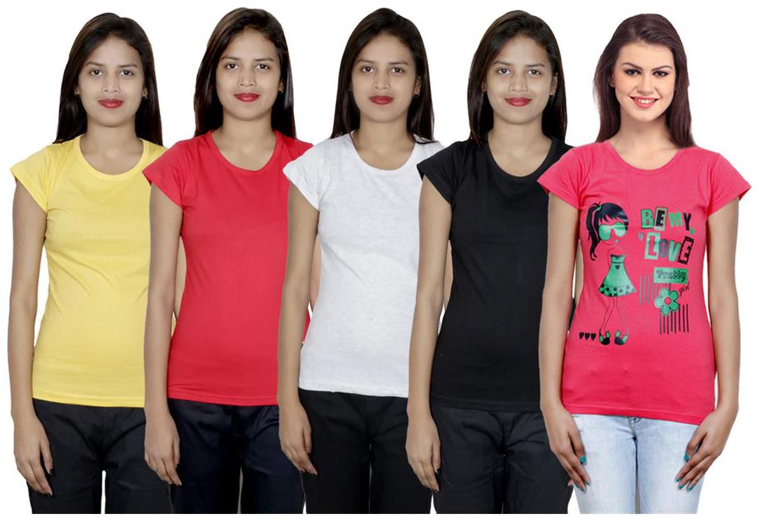 

IndiWeaves Women s Cotton Printed and Plain T-Shirt Combo(Pack of 5 T-Shirts)