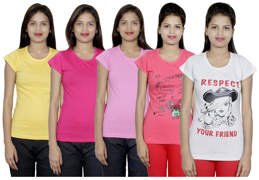 

IndiWeaves Women s Cotton Printed and Plain T-Shirt Combo(Pack of 5 T-Shirts)