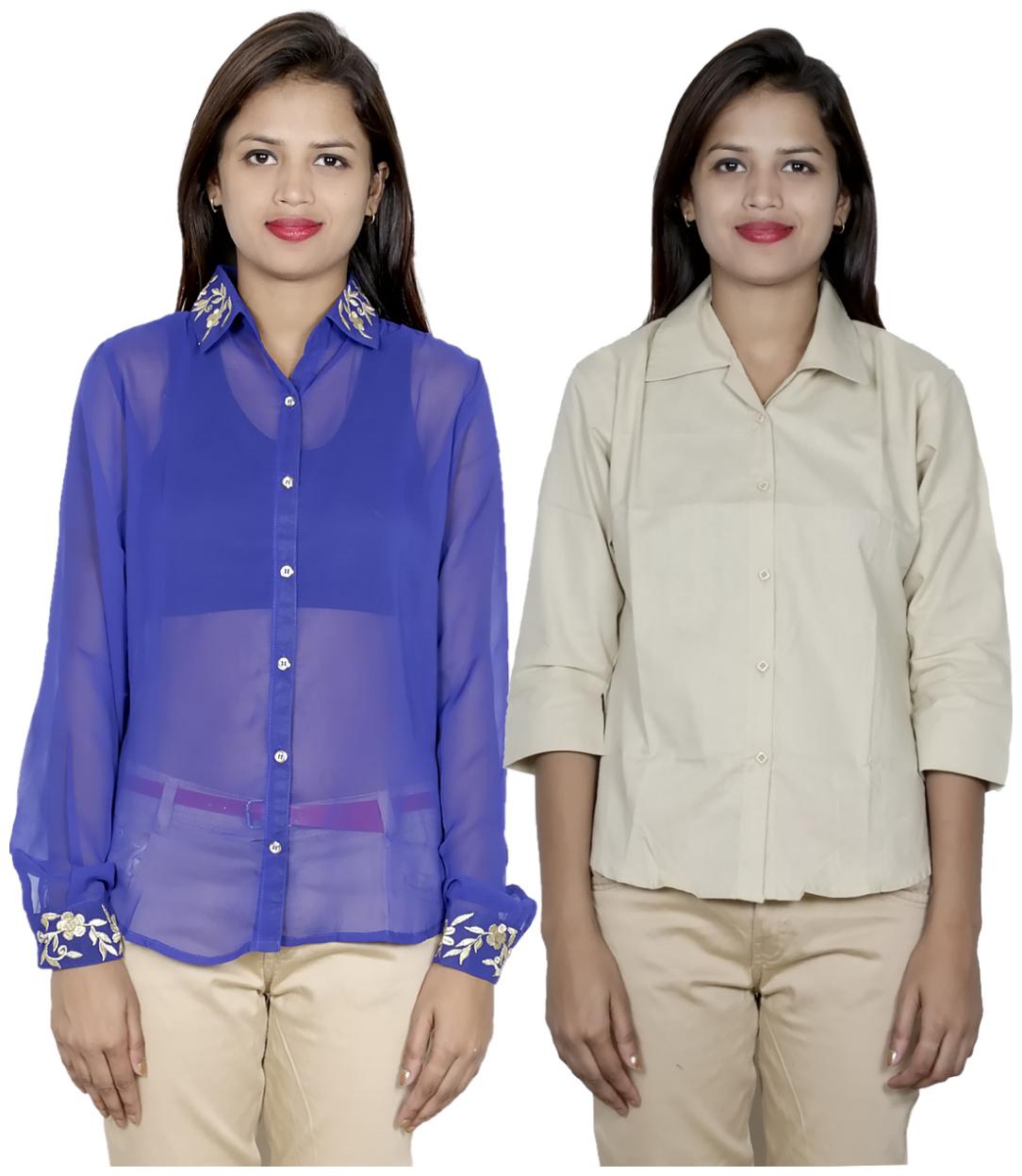 

Indiweaves Women Blue Embroidered Regular Fit Shirt