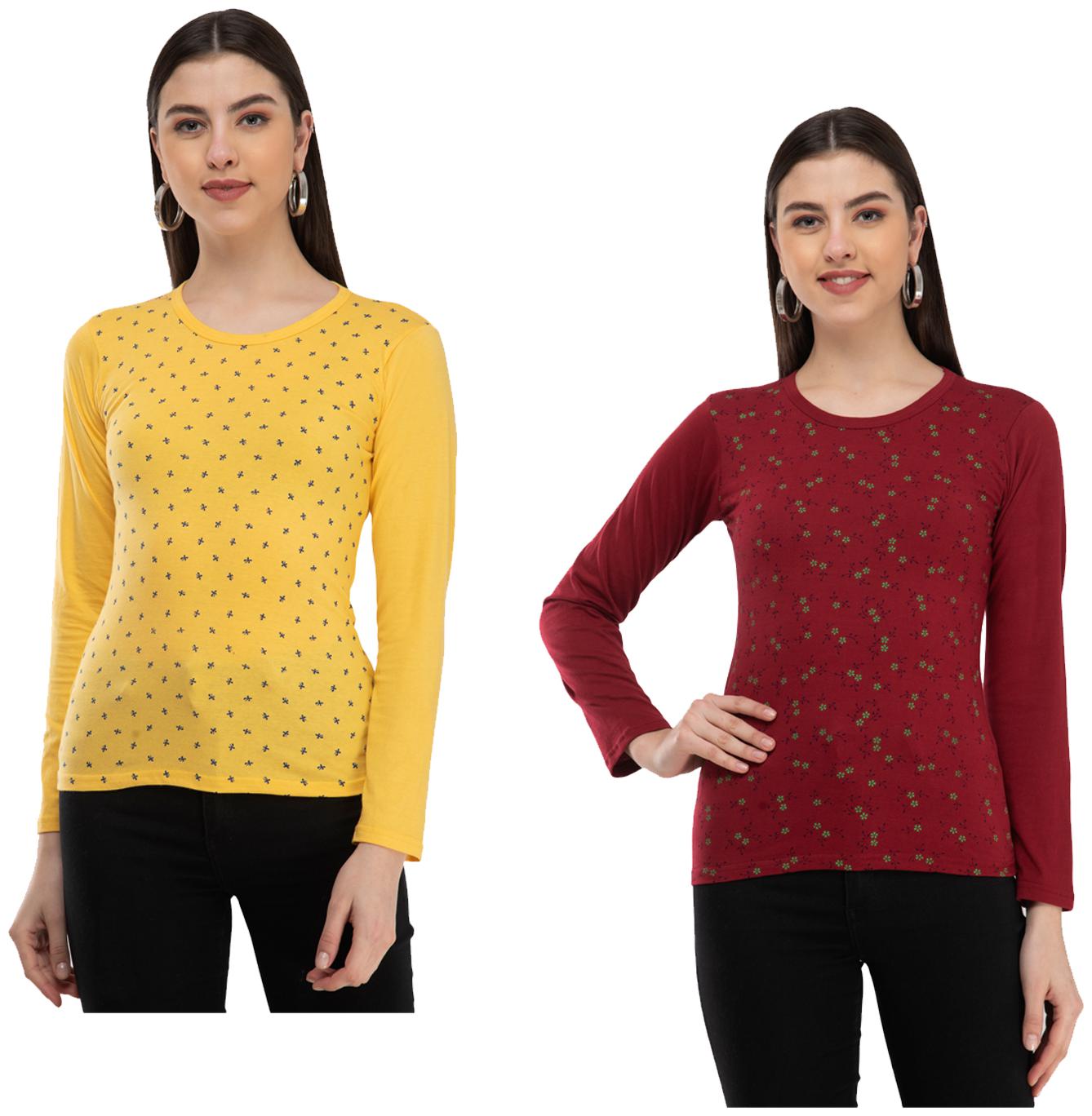 

Indiweaves Women Yellow Maroon Regular fit Round neck Cotton T shirt