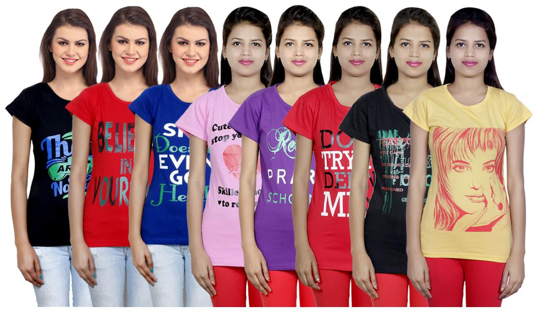 

IndiWeaves Women s Cotton Printed T-Shirts COMBO OFFER ( Pack of 8 T-Shirts)