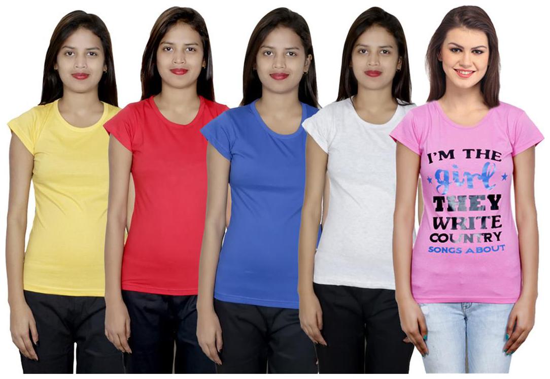 

IndiWeaves Women s Cotton Printed and Plain T-Shirt Combo(Pack of 5 T-Shirts)