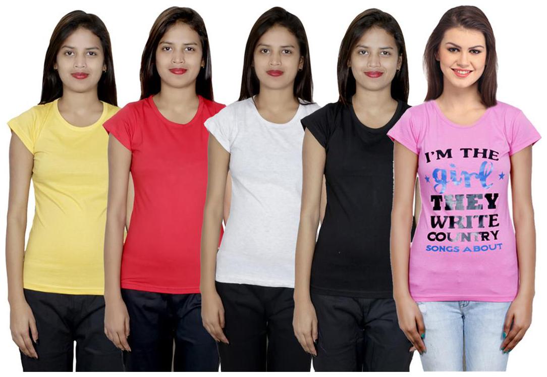 

IndiWeaves Women s Cotton Printed and Plain T-Shirt Combo(Pack of 5 T-Shirts)