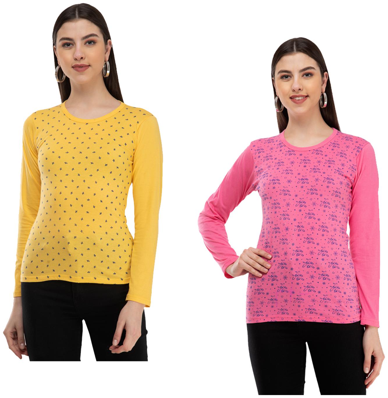 

Indiweaves Women Yellow Pink Regular fit Round neck Cotton T shirt