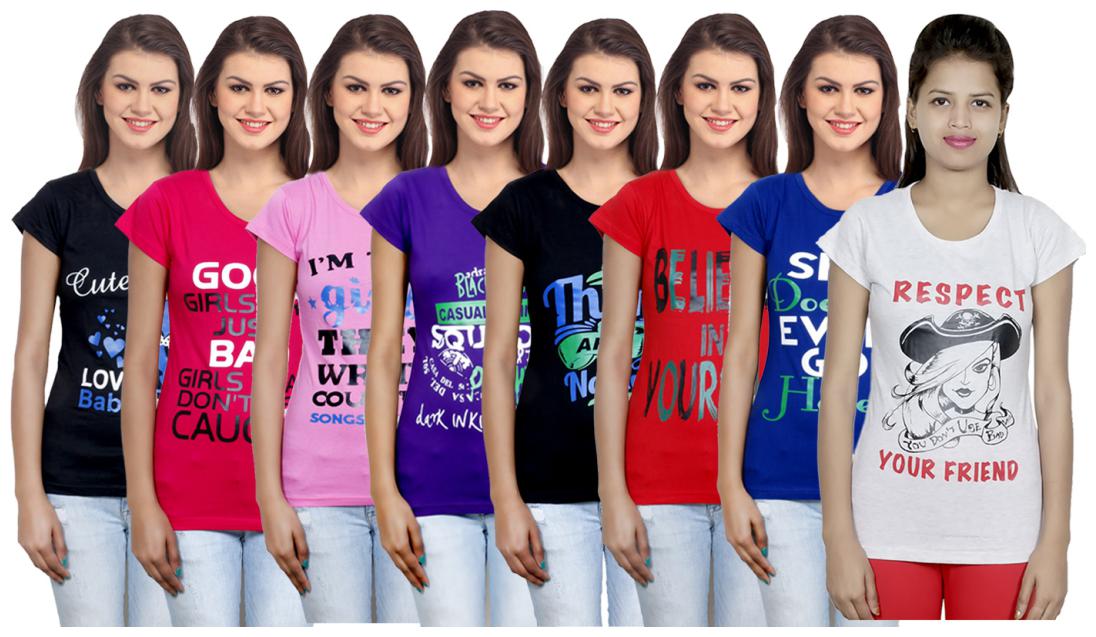 

IndiWeaves Women s Cotton Printed T-Shirts COMBO OFFER ( Pack of 8 T-Shirts)